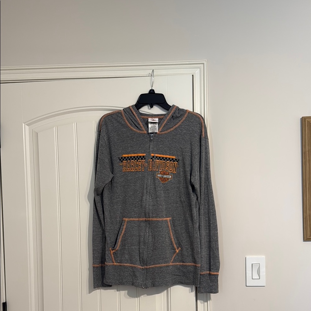 Harley-Davidson Gray and Orange zip up hooded lightweight top/jacket